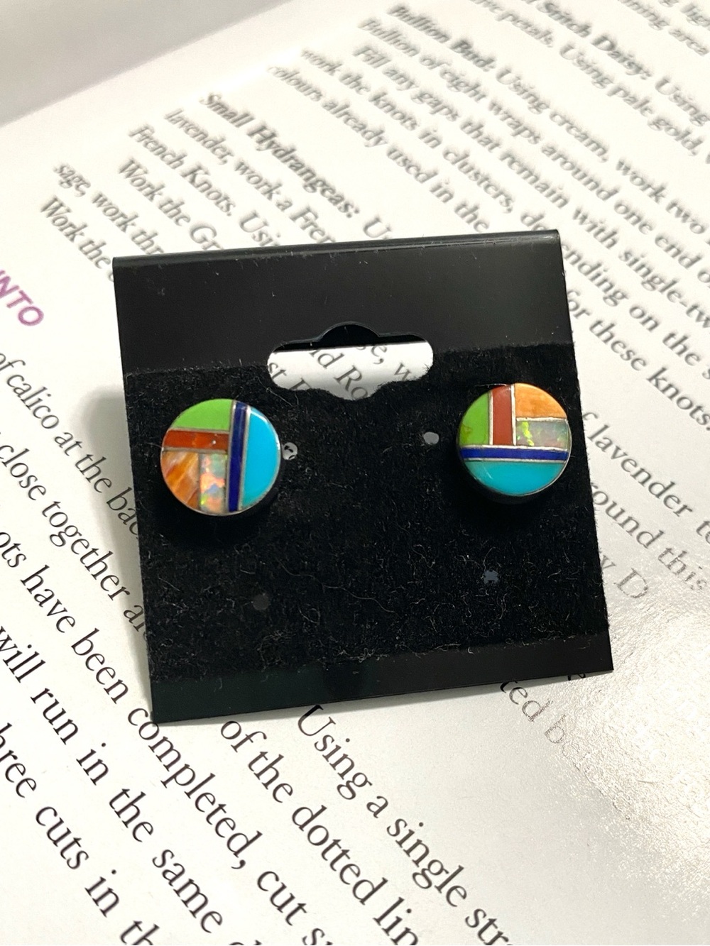 Navajo or Zuni Sterling Silver Inlay Mosaic Opal Turquoise Stud Earrings
